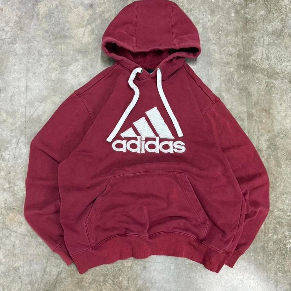 Y2K Burgundy and White Adidas‎ Hoodie Size L